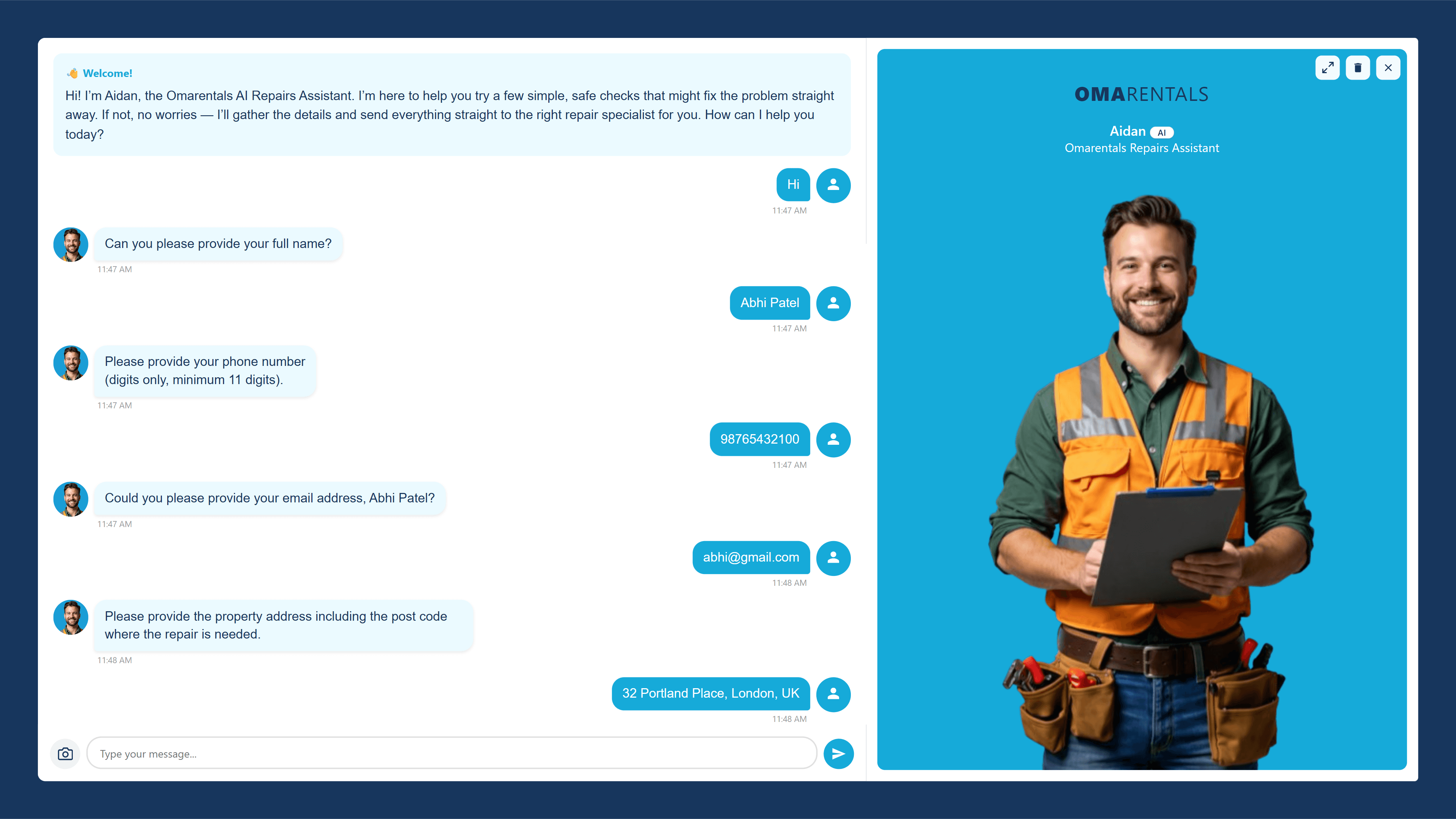 Omarentals AI Repairs Assistant screenshot